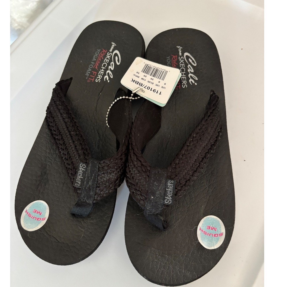 Skechers Cali Relaxed Fit Yoga Foam Black Braided Flip Flops Sandals 119107/BBK